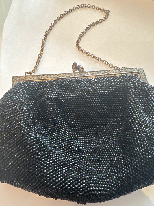 Beautiful mini black beaded kiss lock handbag from 1940