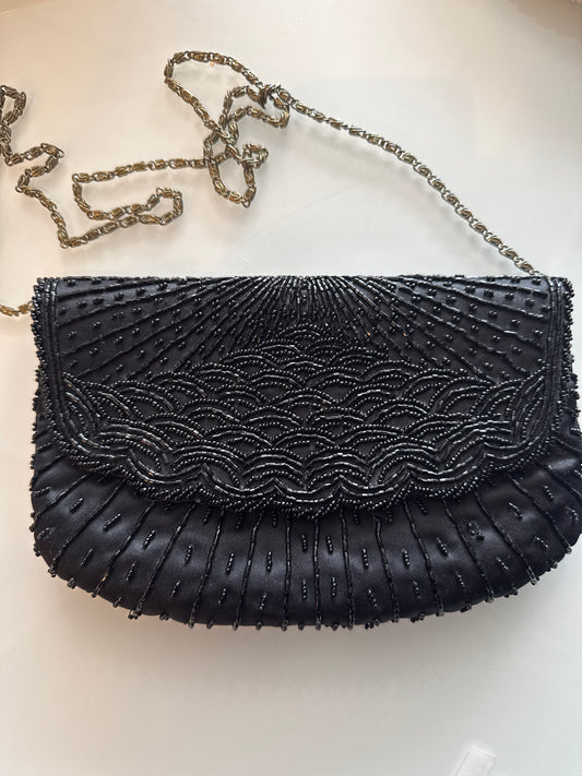 Beautiful 1950s black beaded clutch with convertible shoulder strap chain