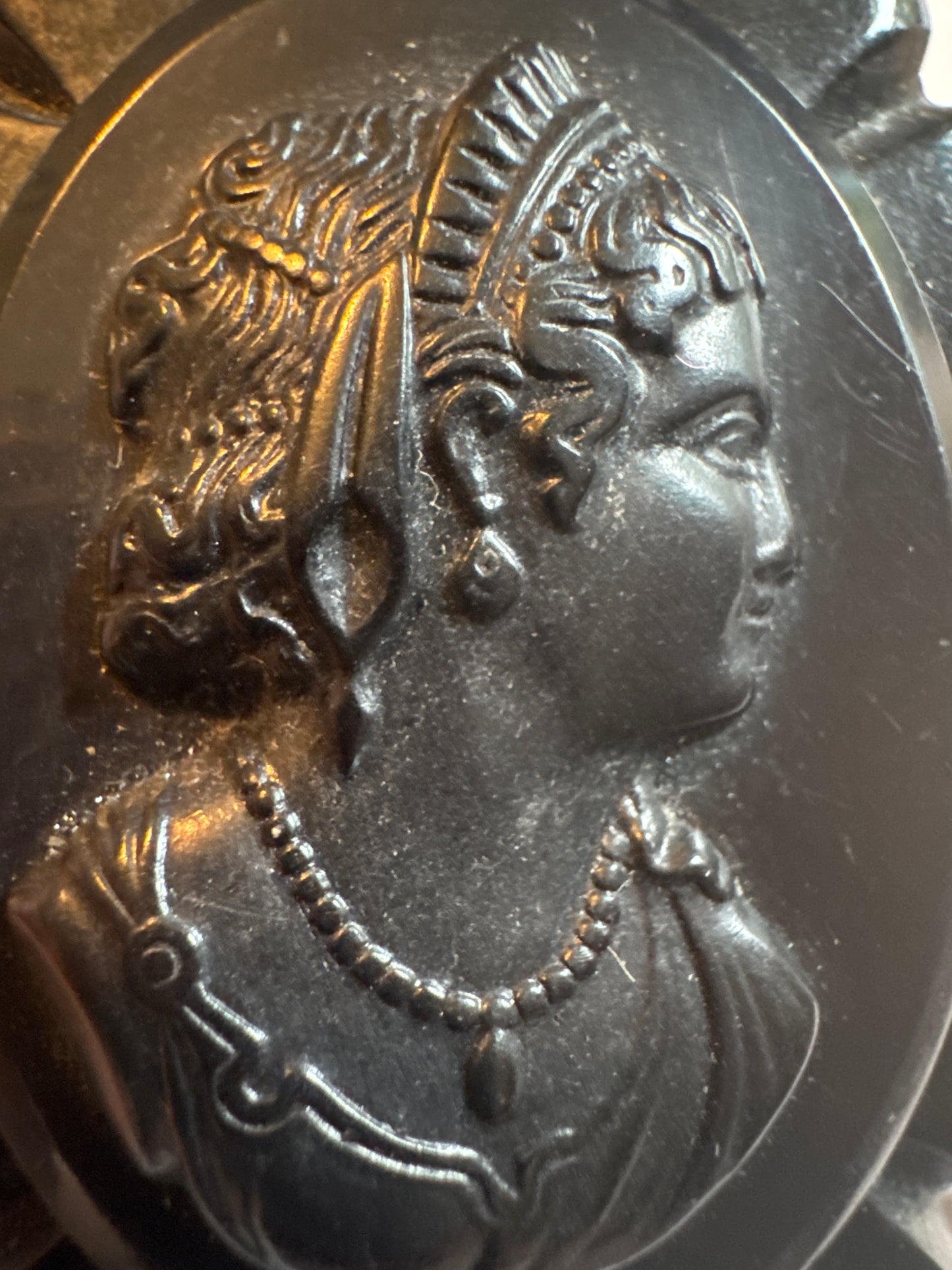 1930s vintage large black celluloid cameo brooch. Picture it with your pearls!