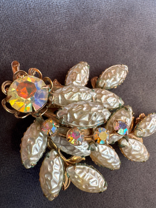 stunning, vintage, baroque pearl and Aurora borealis brooch with rhinestones. Very unique