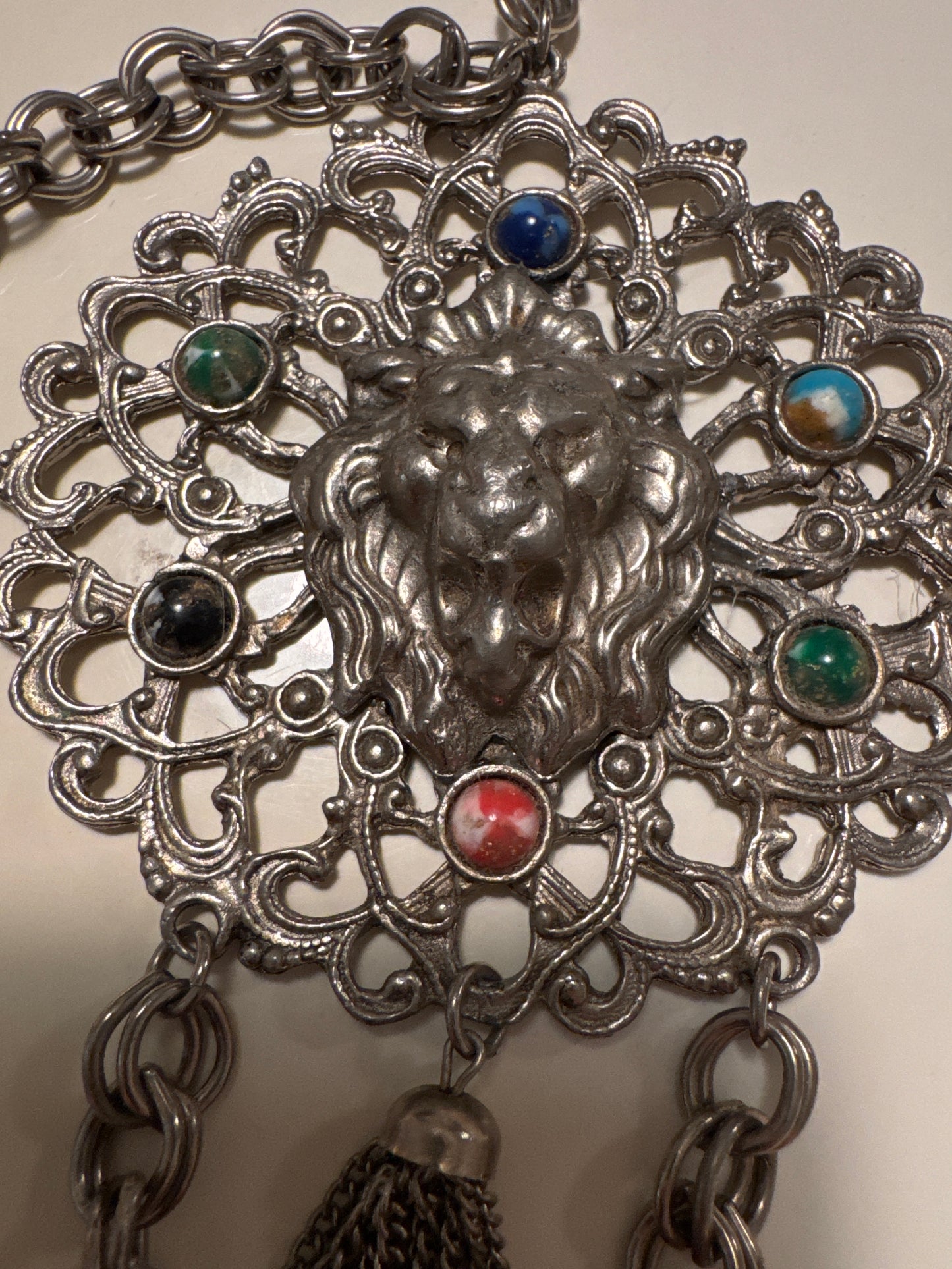 1960s silver plate, jumbo lion necklace with cabochon stones. Lion pendant measures 5 inches. Chain measures 22 inches