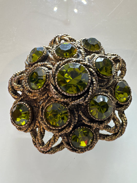 Gorgeous signed 1950s HAR brooch with olive colored rhinestones