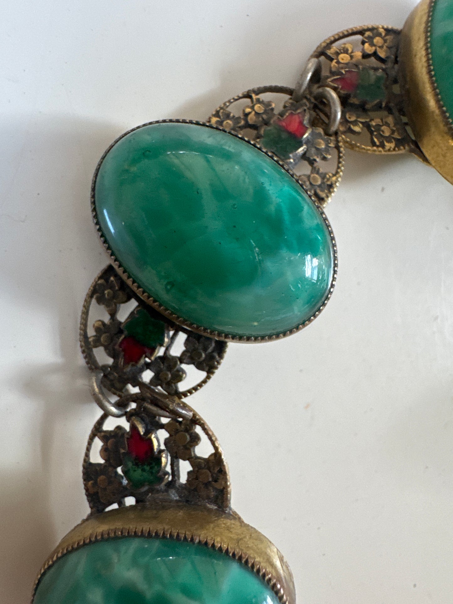 Gorgeous 1930s green stone bracelet with enamel