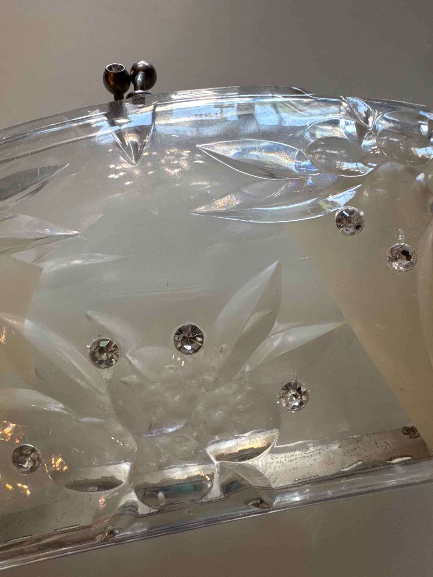 stunning 1950s vintage lucite clear clutch with rhinestones