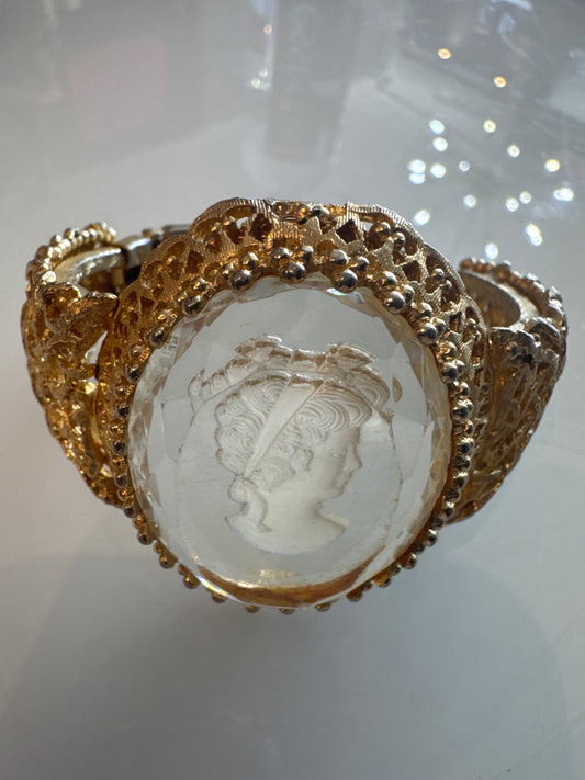 Vintage/antique Lucite/acrylic face cameo cuff bracelet gold tone filigree. Summer