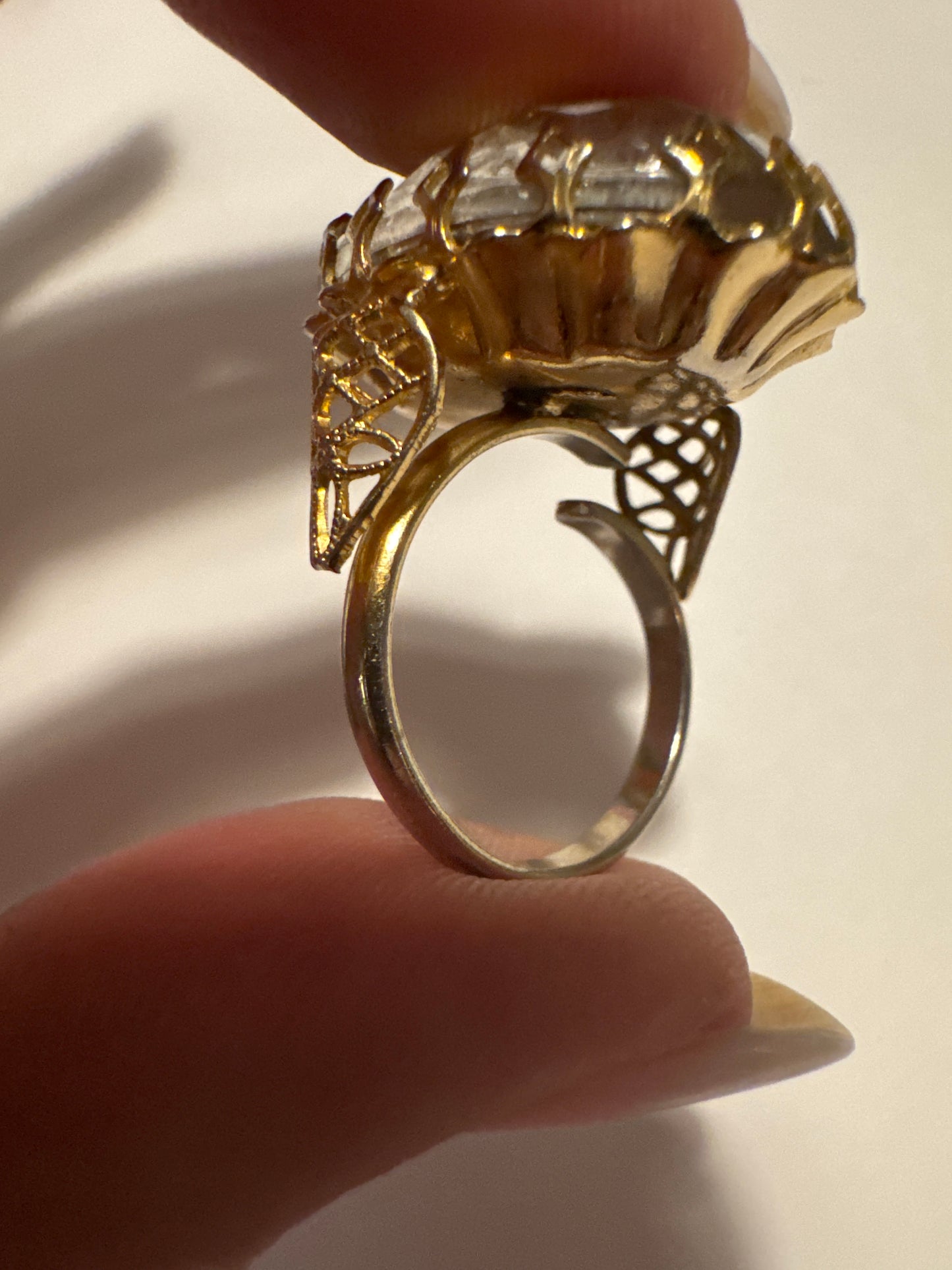 1960s jumbo cocktail ring with pastel watermelon stone. Road