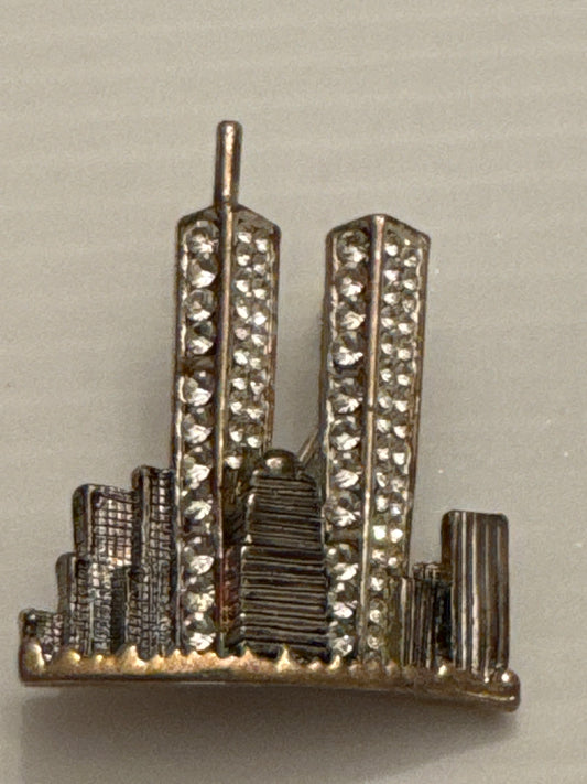 Vintage  twin tower Silvertone with rhinestone brooch. entire proceeds of sale donated to Tunnels to Tower charity.