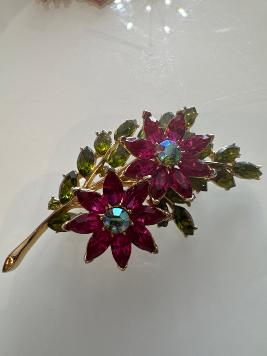 Rare Trifari, pink and green rhinestone flower brooch. A collectors piece.