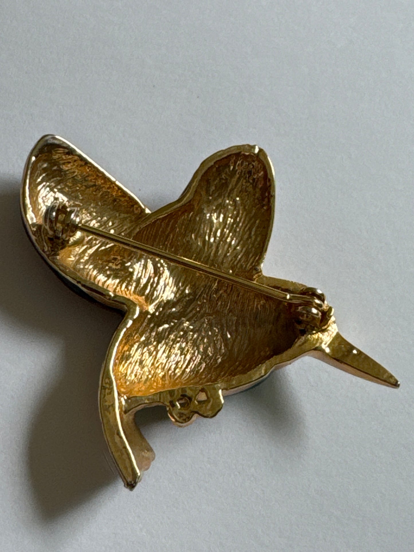 1980s hummingbird green and purple enamel brooch with rhinestones