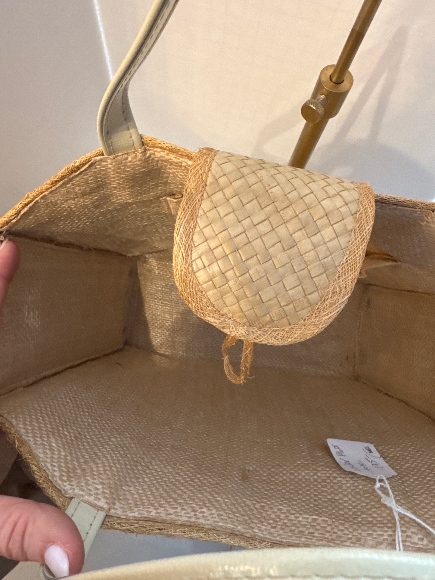 1950s jumbo wicker tote with pastel flower embroidery and leather top handle