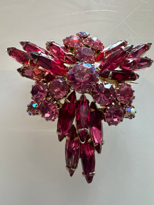 Stunning pink aurora borealis rhinestone brooch from Paris