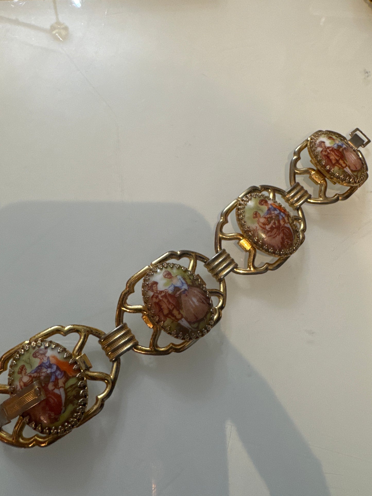 1950s mid century courting couples link bracelet with garden scenes