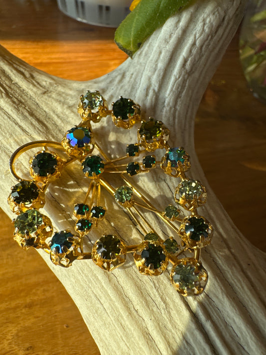 Beautiful vintage, green Aurora borealis brooch, signed Austria