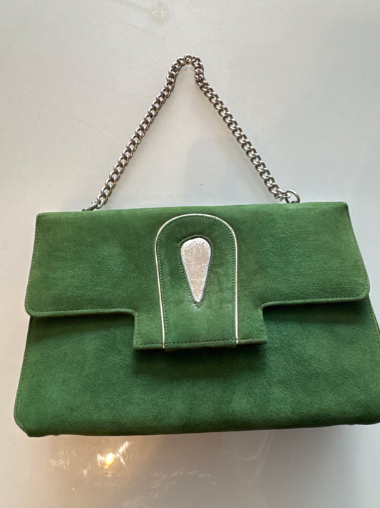 Beautiful vintage, green suede, and silver handbag