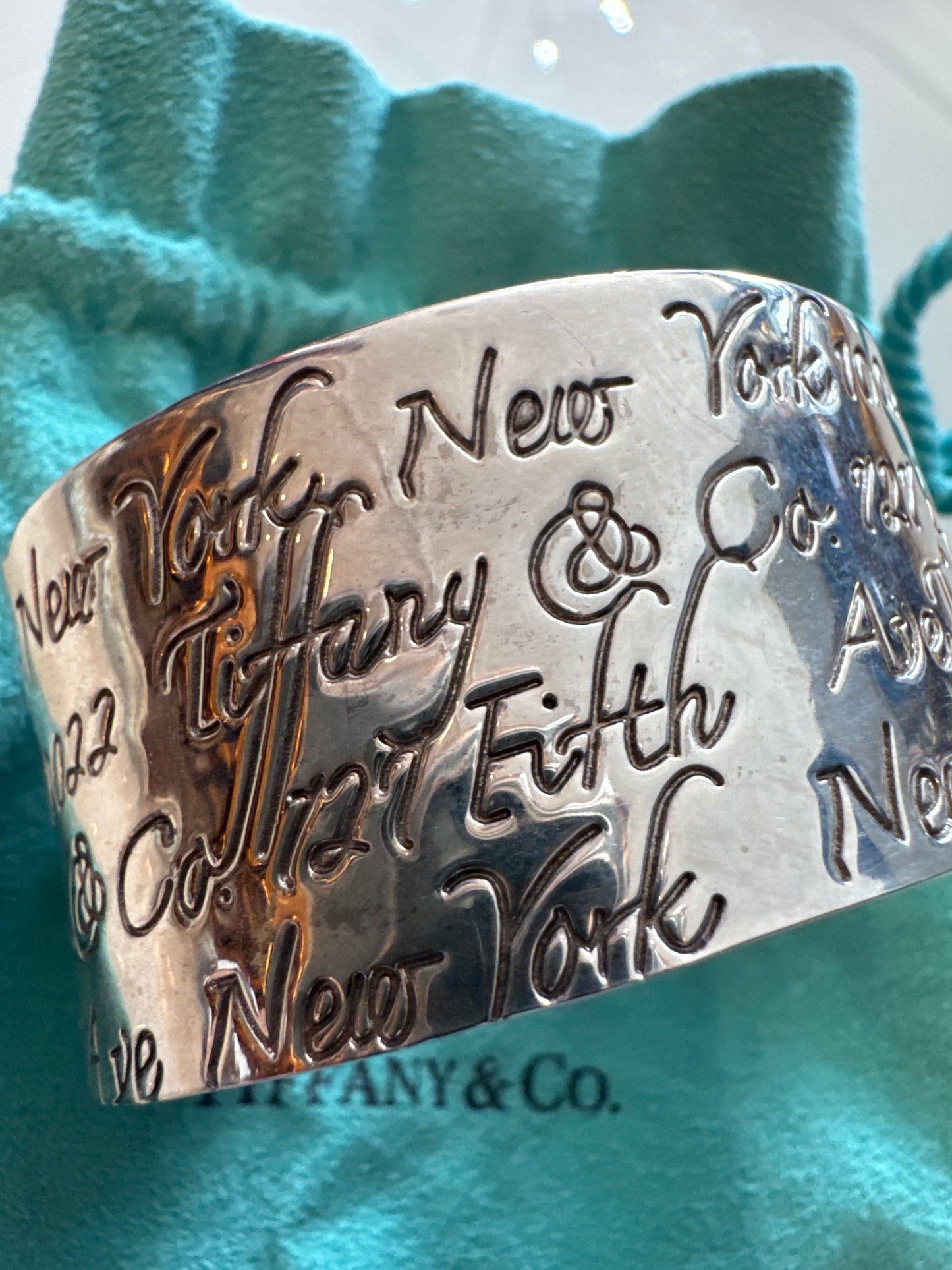 Beautiful sterling silver Tiffany & Co cuff bracelet inscribed with the NYC Flagship store address.