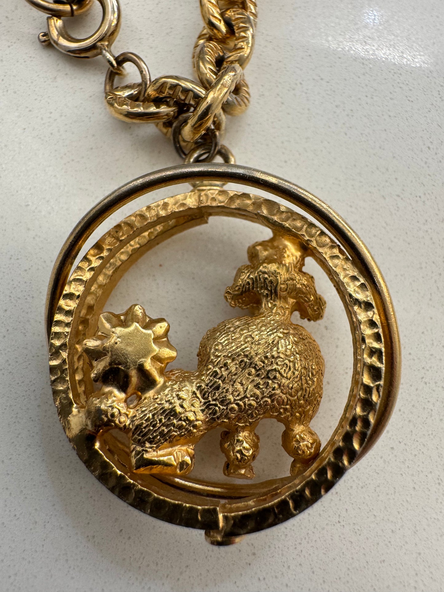 Vintage gold tone charm bracelet with poodle with pearl ~ 1950s