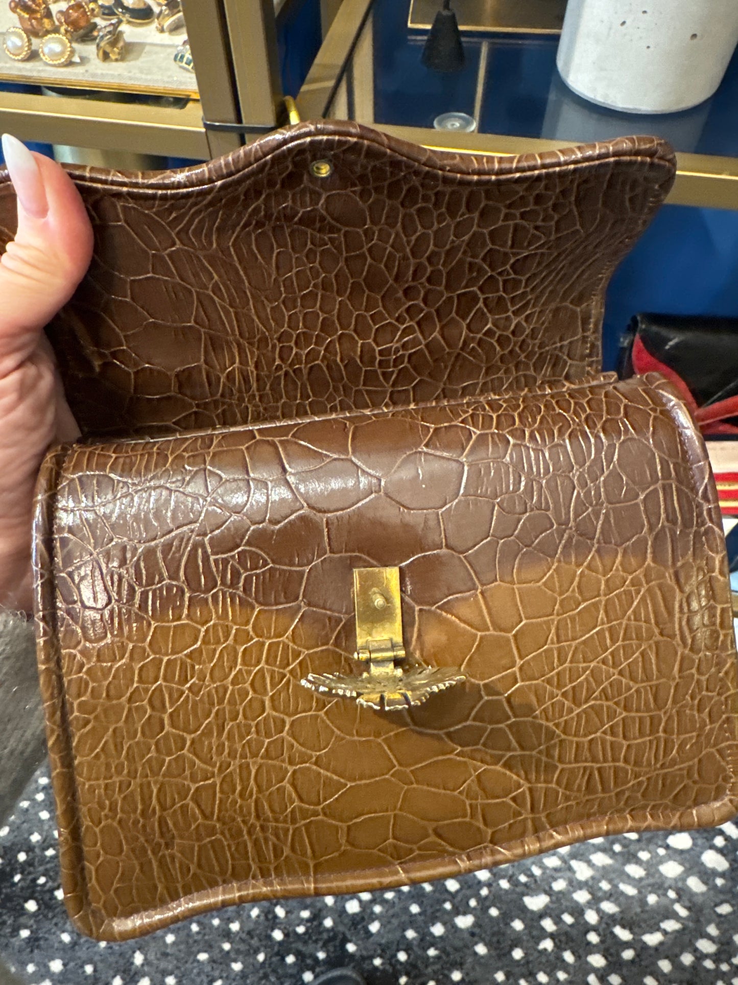 Mid-century taupe top handle embossed handbag with decorative clasp