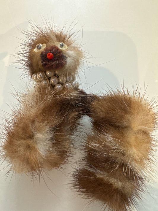 Late 1940s mink doggie brooch with googly eyes and pearl necklace