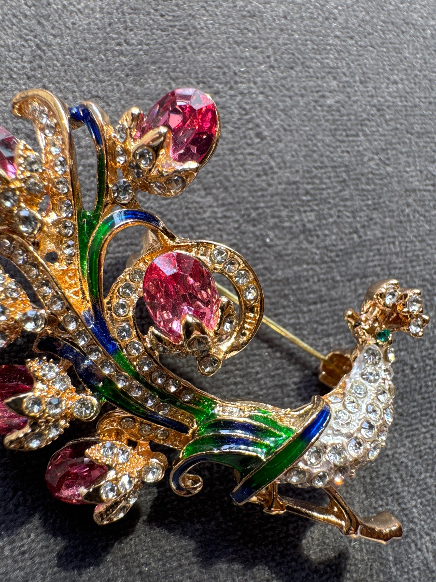 1990s ornate Peacock brooch with rhinestones and enamel