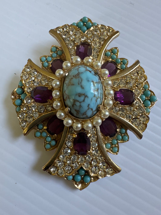RARE absolutely gorgeous signed BELLINI brooch. Shown in vintage book. Gold tone with turquoise, amethyst, and clear rhinestones. Also pearls and gorgeous blue marble center stone.