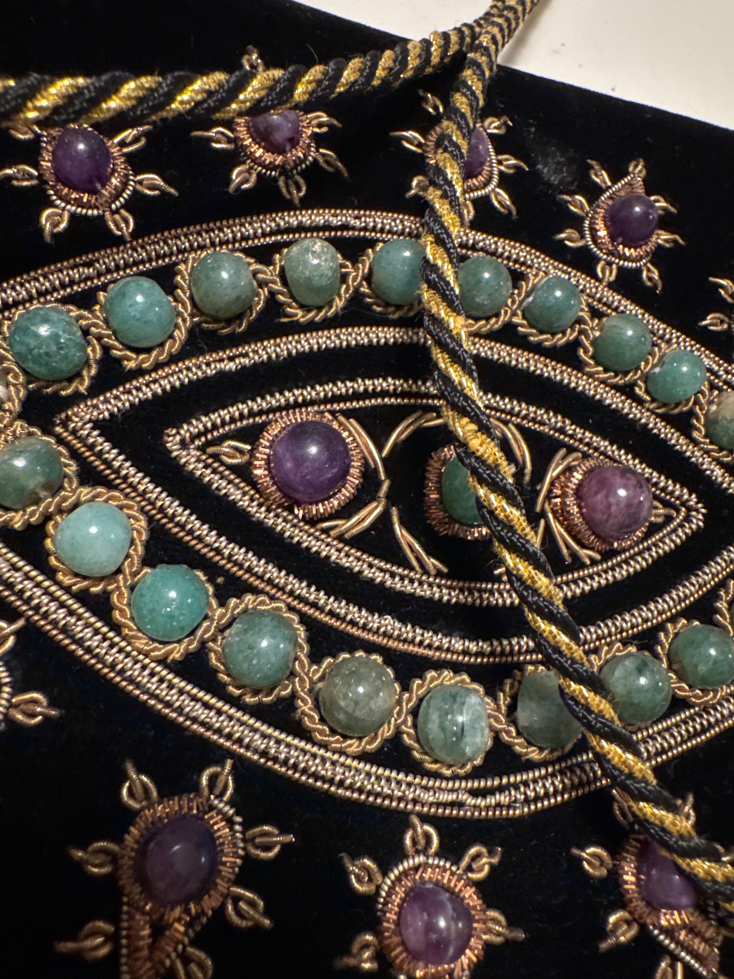 1960s velvet handbag with Jade and amethyst cabochon stones Can be worn as a clutch or Crossbody. Found in Paris. Summer