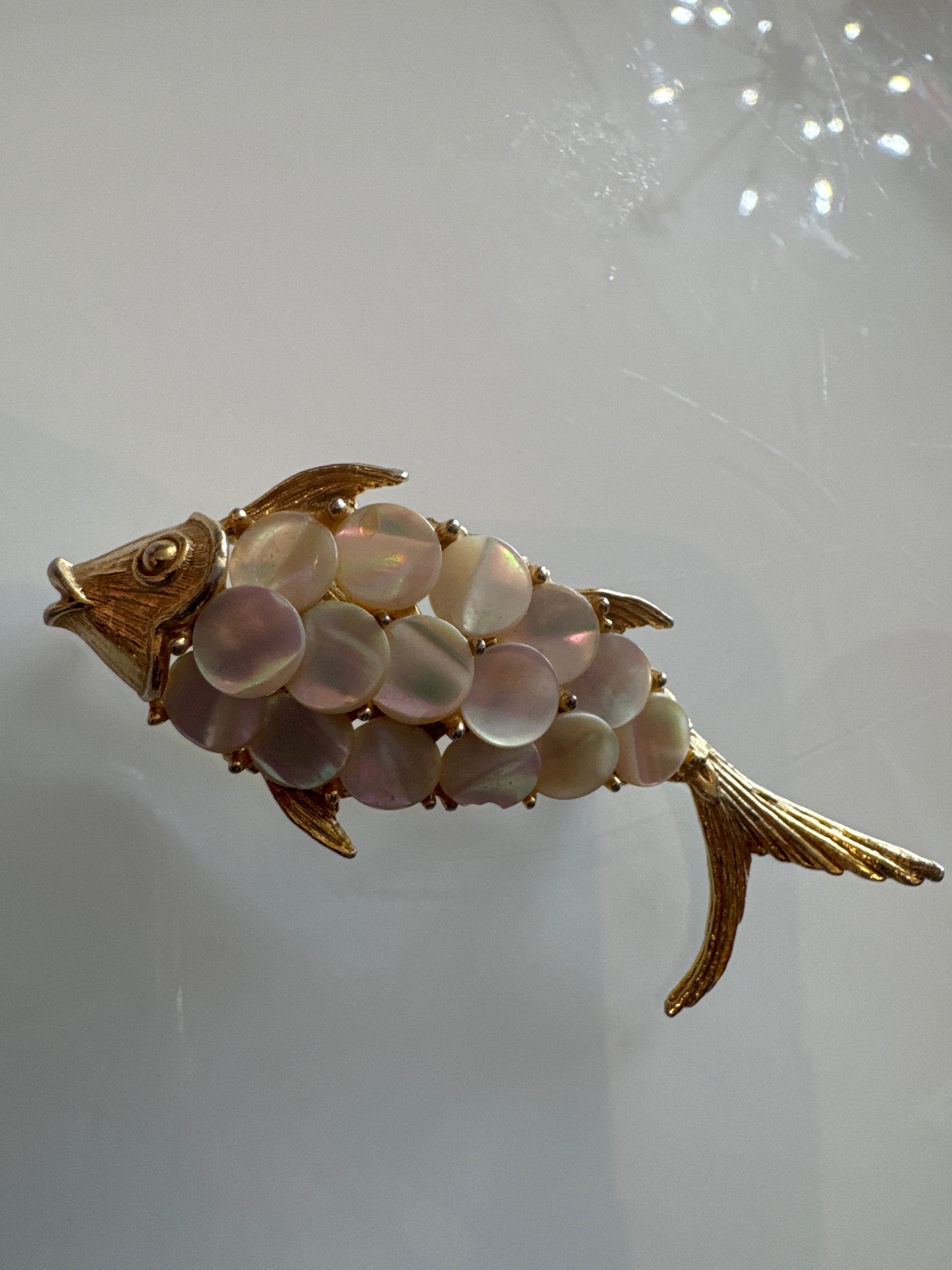Vintage gold tone with mother of pearl fish scale brooch signed ART. Arthur Pepper.