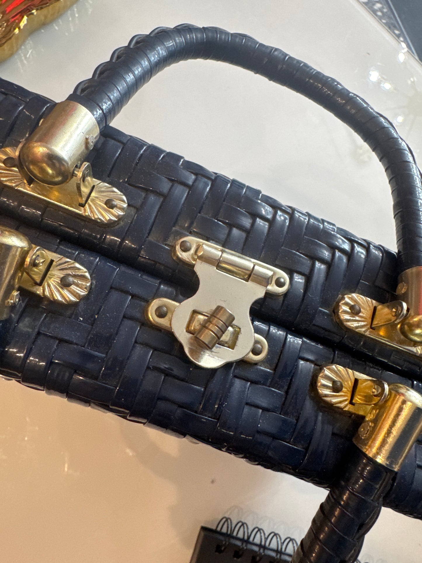 1950s navy blue wicker bag with gold hardware 