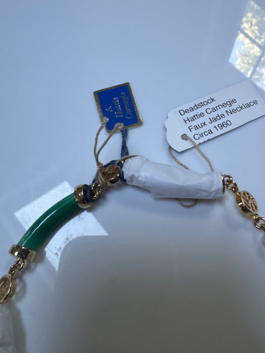 Beautiful vintage HATTIE CARNEGIE faux jade necklace circa 1960. Comes with original tag and is still wrapped. Ready to ship.