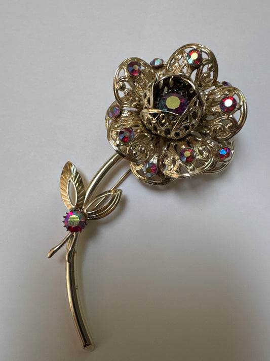 Beautiful 1970s Sarah Coventry, red watermelon, stone and gold tone flower brooch