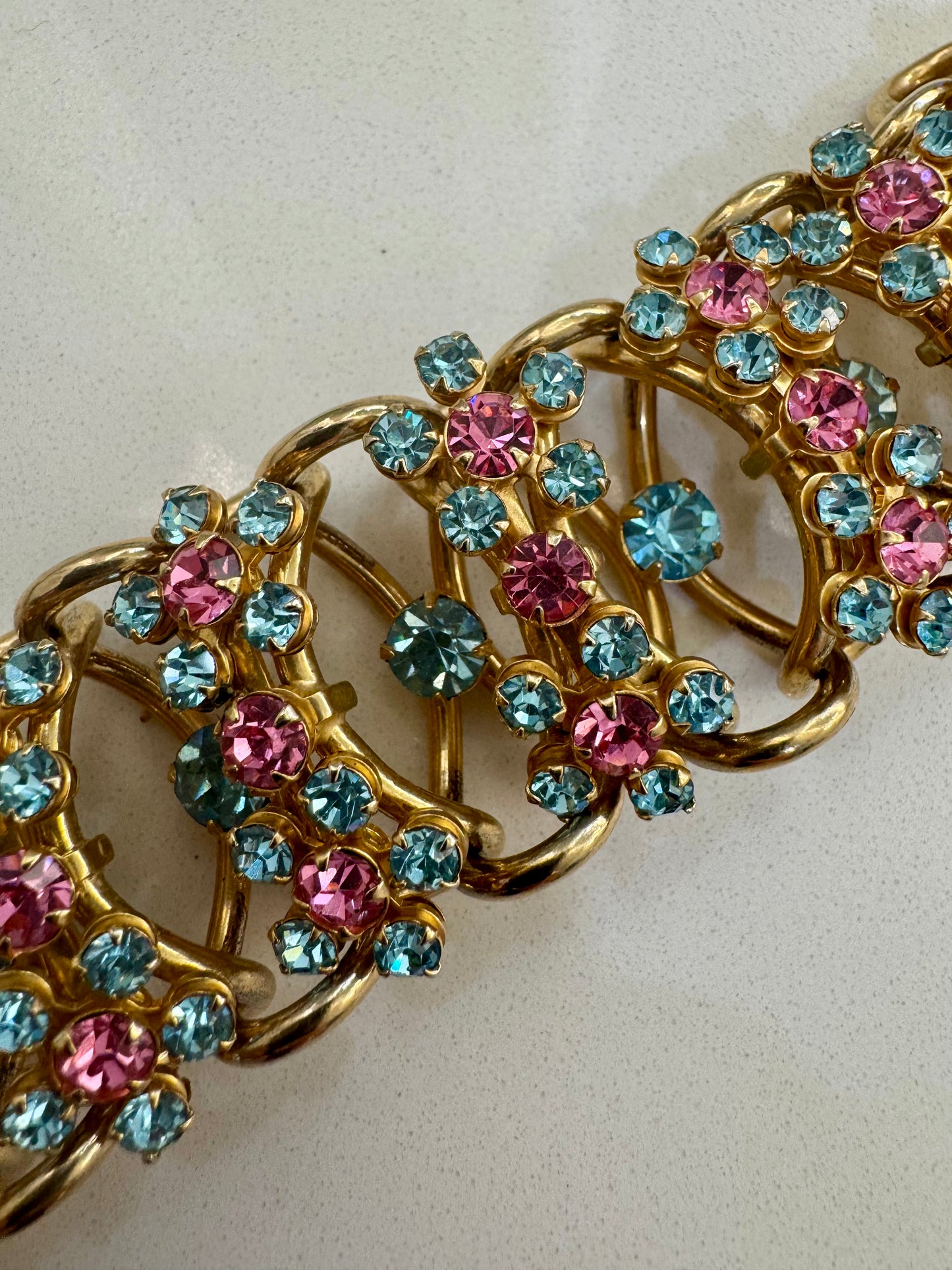 Gorgeous Vintage Juliana goldtone bracelet with blue & pink rhinestones. Oscar worthy!