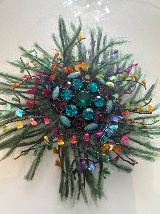 Jumbo 1980s YOSCA feather and rhinestone brooch