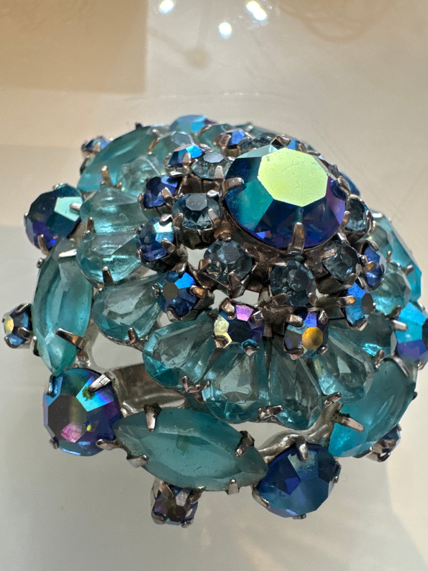 Beautiful aquamarine rhinestone dome brooch