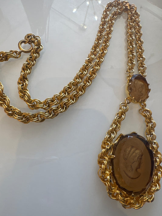 Stunning vintage, long chain, cameo necklace with double cameos
