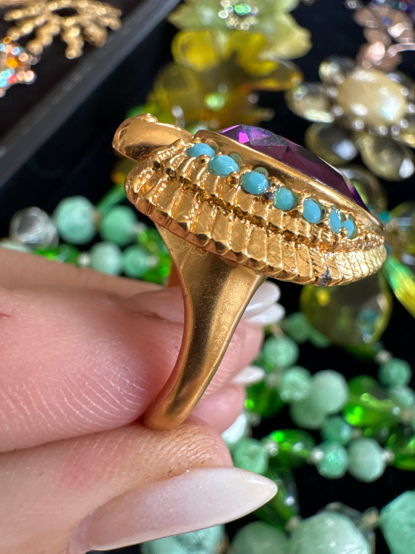 Elizabeth Taylor for Avon vintage cocktail ring. Inspired by her love and passion for Eqyptian and Golden Bird themed jewelry from her private collection.