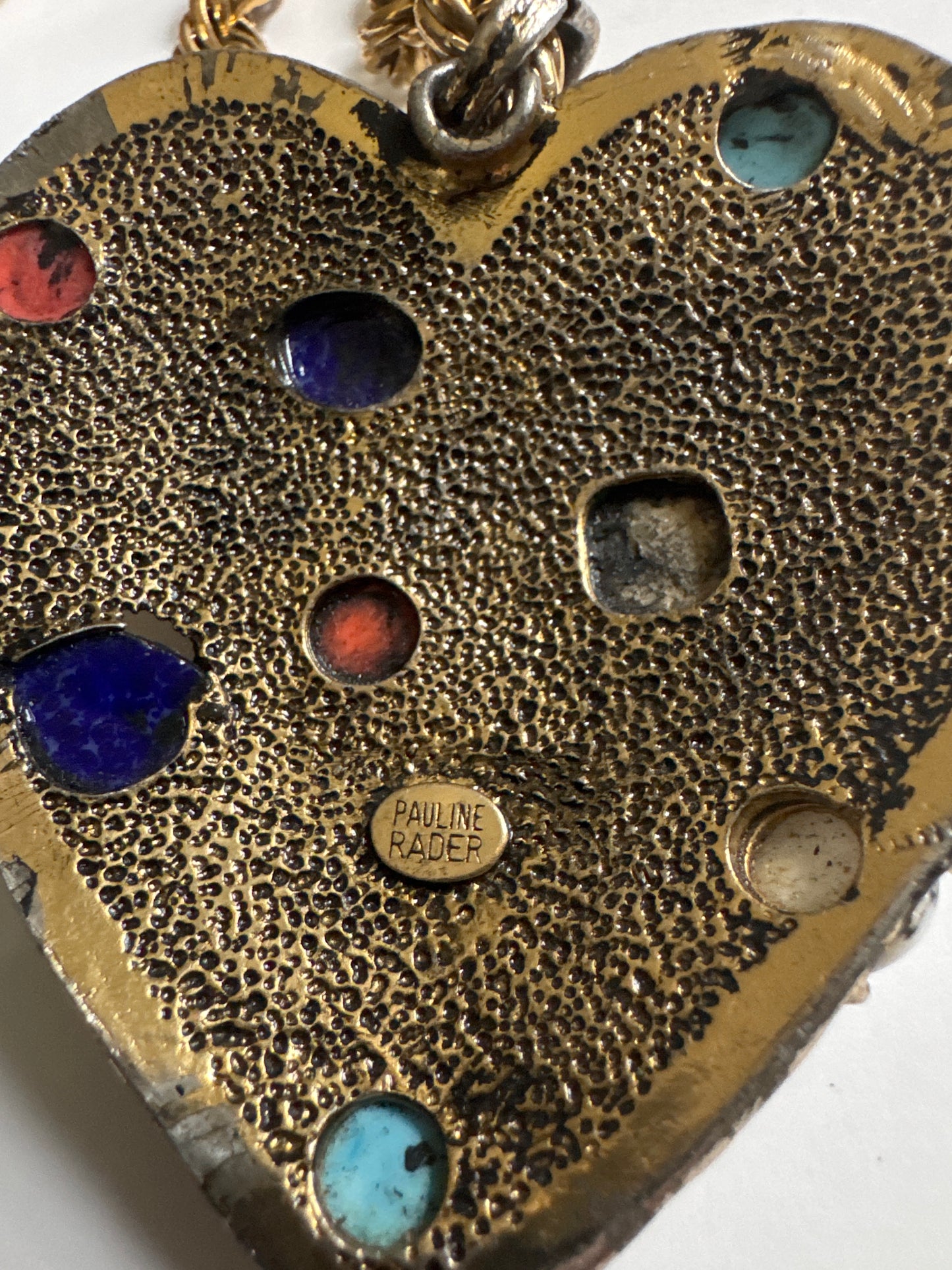 1970s signed PAULINE RADER heart pendant necklace with colored cabochon stones