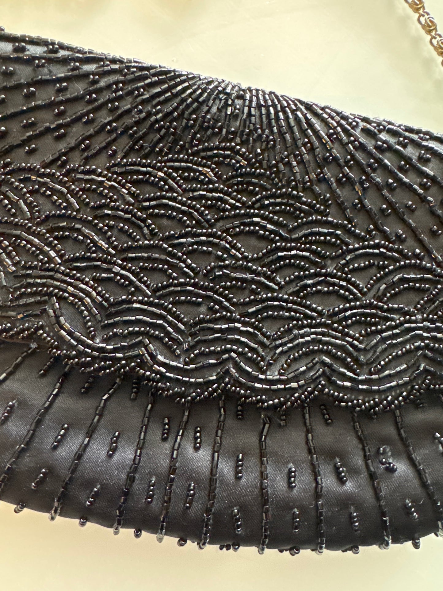 Beautiful 1950s black beaded clutch with convertible shoulder strap chain