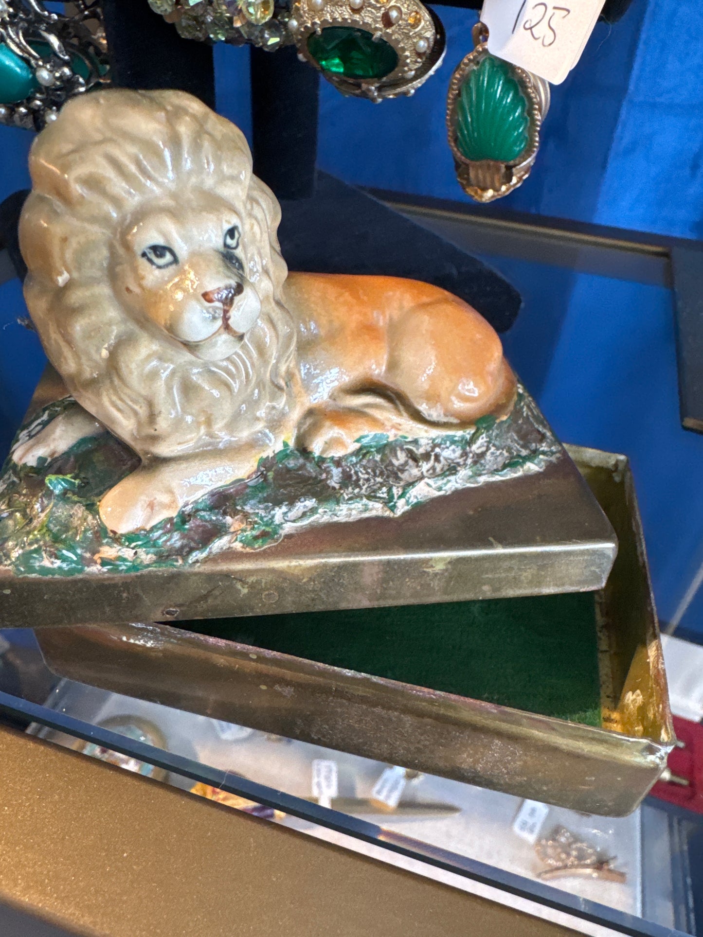 Beautiful mid-century tiger trinket box made out of ceramic and brass