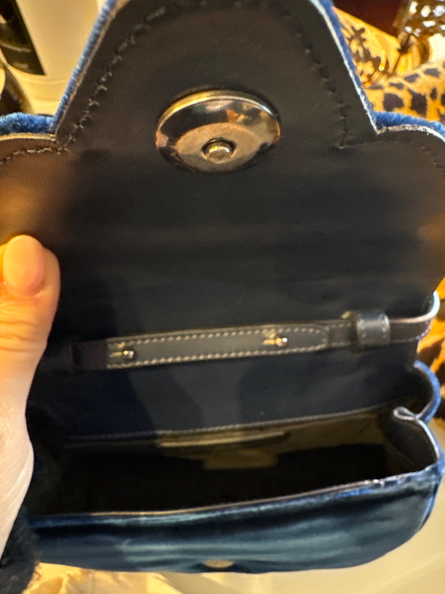 Midnight Blue leather and velvet crossbody or clutch handbag by Elena Ghisellini. Brand new.