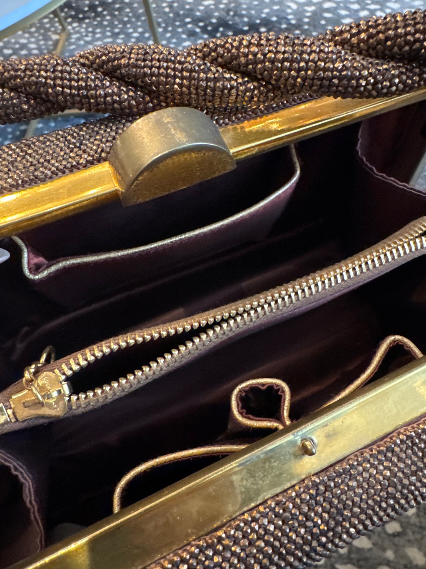 1940s bronze beaded top handle bag with braided handle