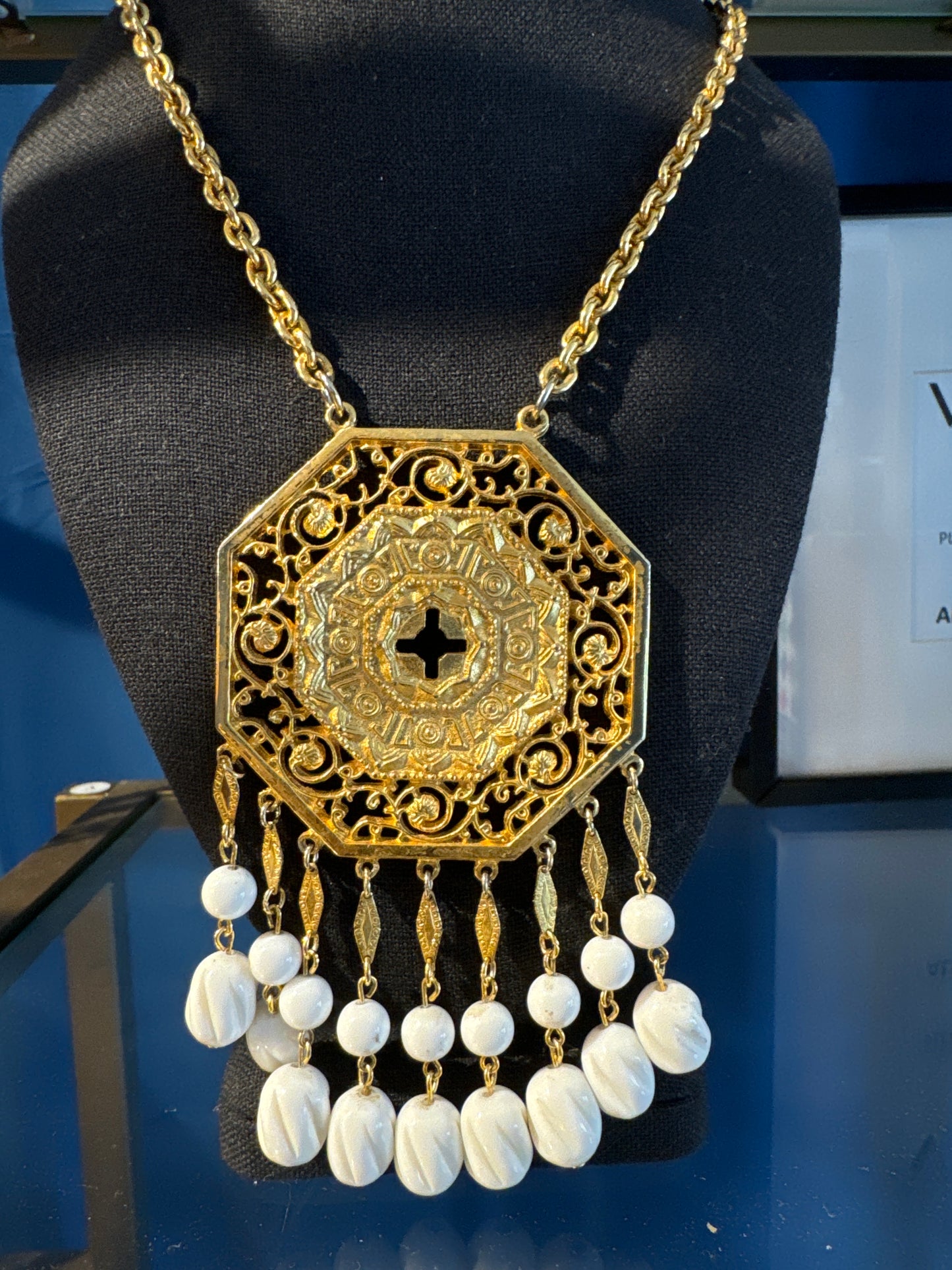 Fabulous 1980s gold tone with white pendant necklace. Signed Vendome