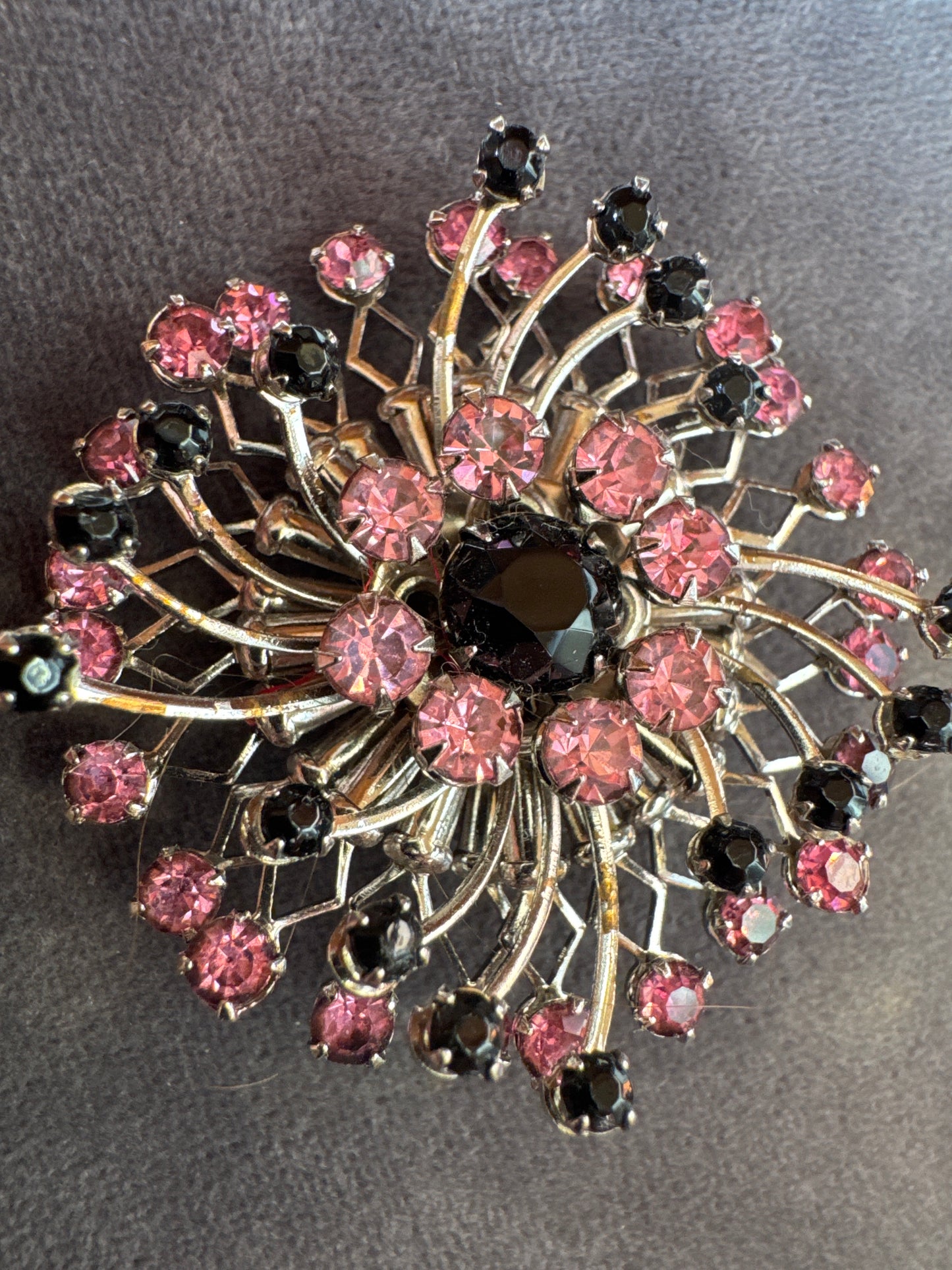 Beautiful vintage pink and black rhinestone on Silvertone 3D brooch. Very rare.