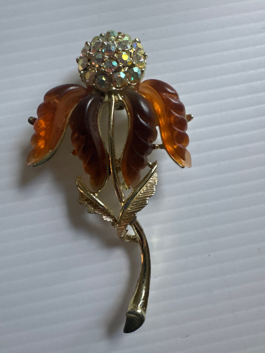 Mid-century amber and rhinestone Thermo set flower brooch