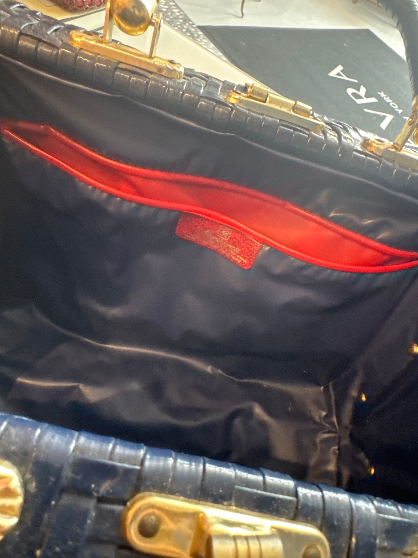 1950s navy blue wicker bag with gold hardware 