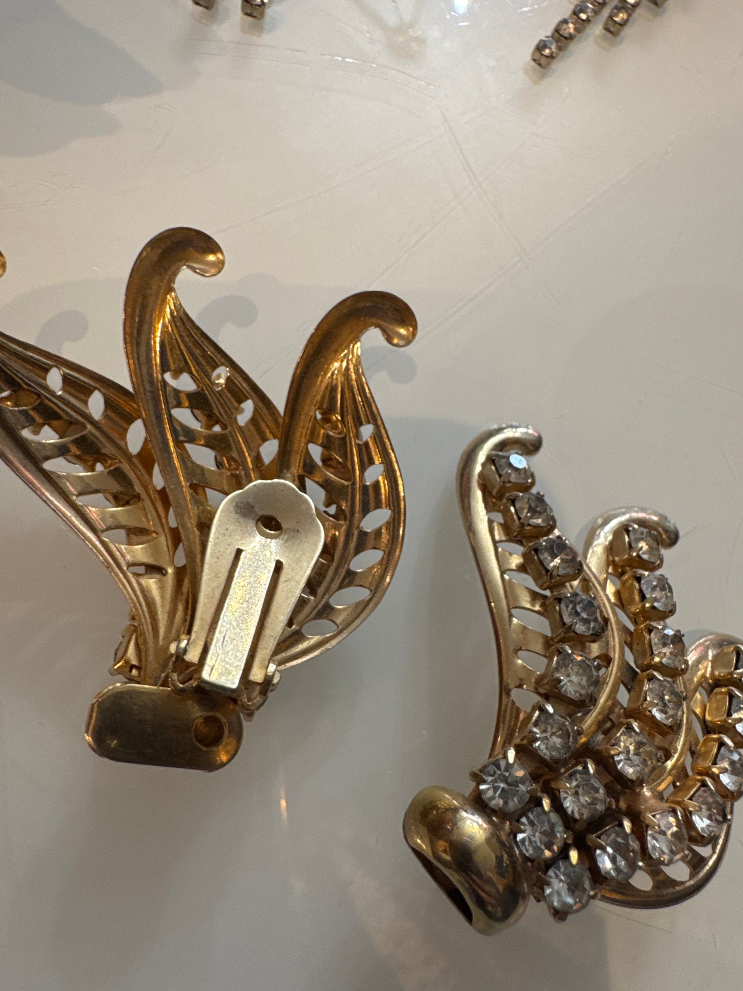 1940s clip on climber, gold tone rhinestone statement earrings