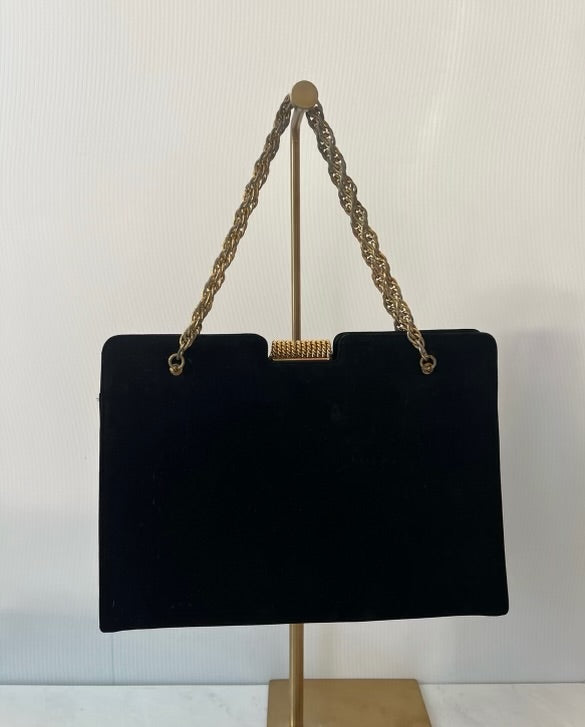 Vintage black perma suede Coblentz original with golf hardware and chain, 2 outside pockets