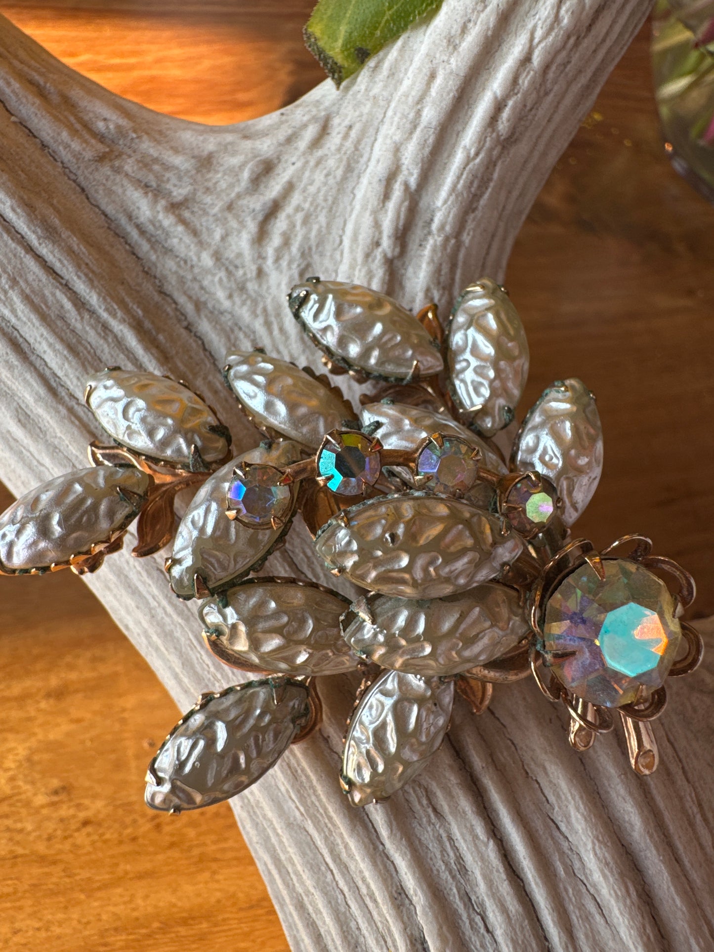 stunning, vintage, baroque pearl and Aurora borealis brooch with rhinestones. Very unique