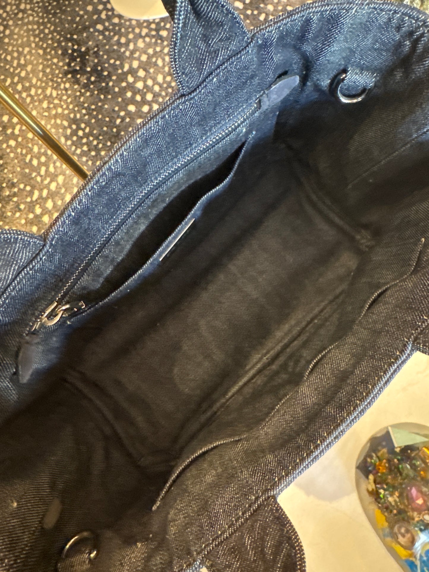 fabulous Prada top handle denim tote with rhinestones. The ultimate summer bag.