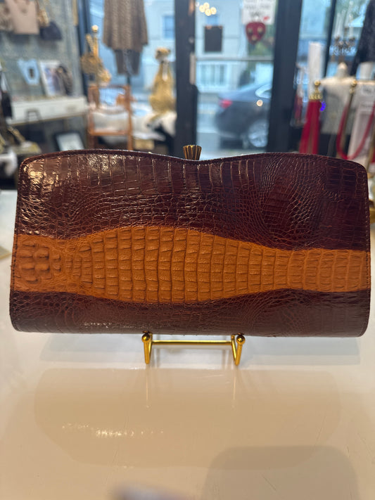 Beautiful brown and tan crocodile 1940s clutch