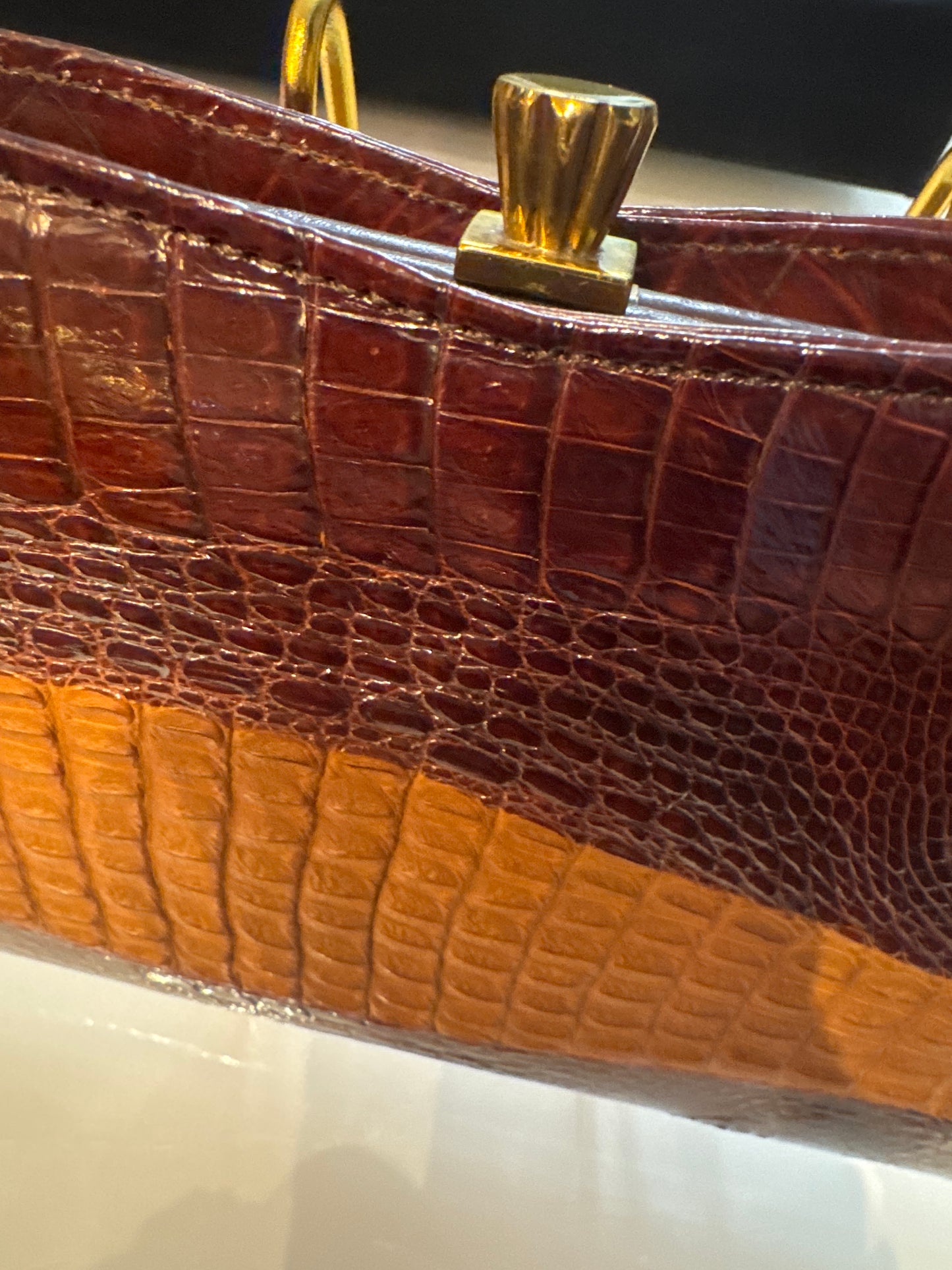 Beautiful brown and tan crocodile 1940s clutch