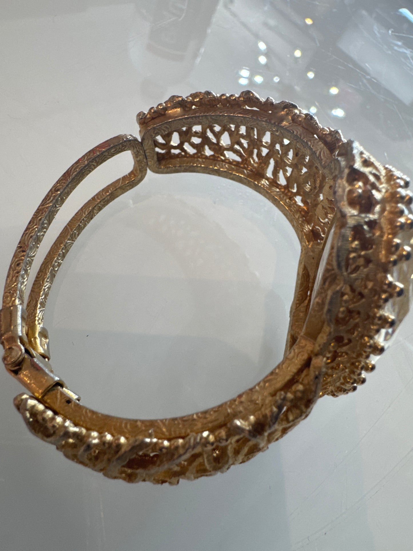 Vintage/antique Lucite/acrylic face cameo cuff bracelet gold tone filigree. Summer